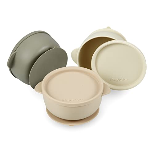 PandaEar 3 Pack Baby Bowls with Suction| Leak-Proof Stay Put Silicone Food Bowl with Lids for Babies Kids Toddlers Infants| Food Grade Soft Safe BPA-Free Silicone (Linen Brown Tan)