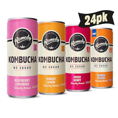 Remedy Kombucha Tea Organic Drink - Sugar Free, Keto, Vegan & Gluten Free - Sparkling Live Cultured, Long-Age Brewed Beverage - 4 Flavor Fan Favorites Variety Pack - 8.5 Fl Oz Can, 24-Pack