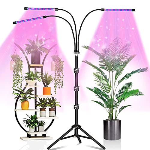 SUWITU Grow Light for Indoor Plants, Full Spectrum Plant Light with 15-48 inches Adjustable Tripod Stand, 3-Head 6000K Plant Growing Lamps with 3/9/12H Timer, 3 Switch Modes,10-Level Dimmable