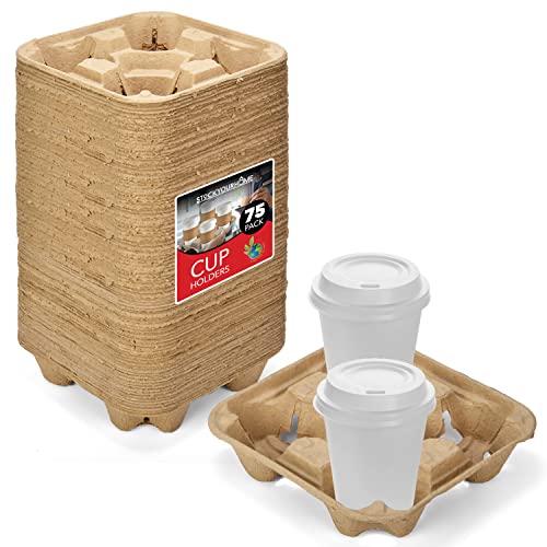 4 Cup Disposable Coffee Tray (75 Count) - Biodegradable and Compostable Cup Holder - Durable Drink Carrier for Hot or Cold Drinks - to Go Coffee Cup Holder for Food Delivery Service, Uber Eats