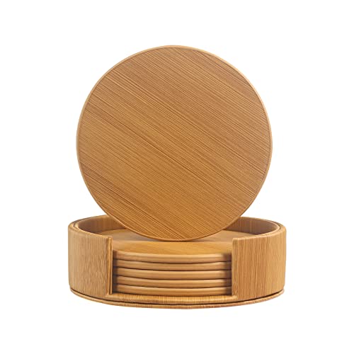 Coasters for Drinks 6-Piece Leather Coasters with Holder,Bamboo Grain Round Cup Mat Pad for Home and Kitchen Use