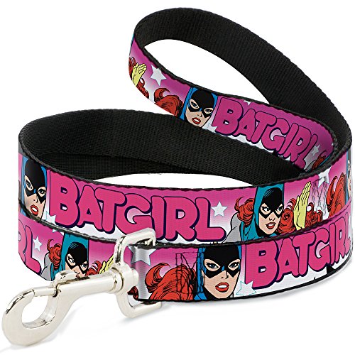 Buckle-Down Dog Leash Batgirl Bubble Letters Stars Pink White 4 Feet Long 1.0 Inch Wide, DL-WBM056