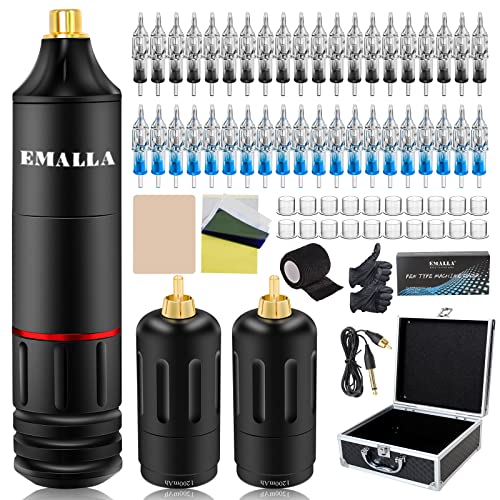 EMALLA Tattoo Kit with 2Pcs Wireless Power Suppply, 1Pc Tattoo Machine Pen 9000Rpm, 40Pcs Tattoo Cartridge Needles, Tattoo Skins, Ink Caps, Complete Professional Tattoo Kit