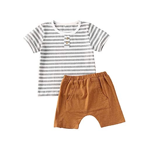 Goelsakurara Infant Toddler Baby Boy Summer Clothes Striped O-Neck T-Shirt Tops Shorts Pants with Pockets 2Pcs Outfit Set (Orange, 2-3T)