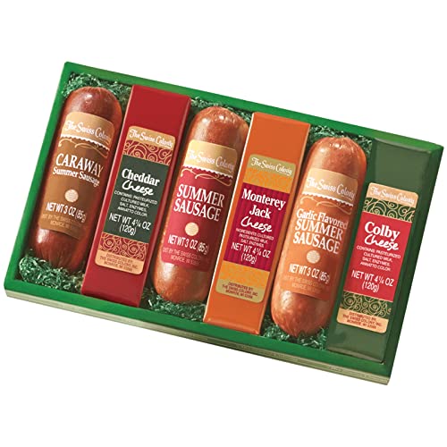 The Swiss Colony Sausage & Cheese Bars - Assorted Montgomery Jack and Cheddar Cheese, Original and Garlic Summer Sausage Treats Gift Box of 4