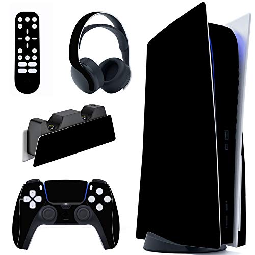 PlayVital Black Full Set Skin Decal for ps5 Console Disc Edition, Sticker Vinyl Decal Cover for ps5 Controller & Charging Station & Headset & Media Remote