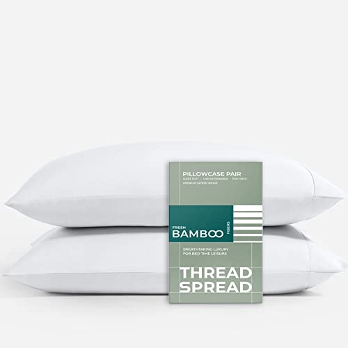 THREAD SPREAD Viscose from Bamboo Bed Pillowcases, 2Pc Pillowcase Pair for Standard/Queen Pillows, with Extra Long Staple Cases, Soft & Cooling Luxury Cases, White Cases (Standard/Queen, White)