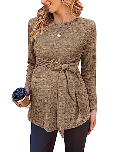 Ekouaer Women's Plus Size Maternity Shirts Long Sleeve Pregnancy Blouse Pregnant Ribbed Knit Tops Brown XXL