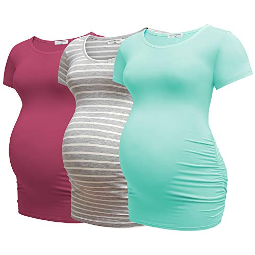 Bearsland Womens Maternity Tshirt 3 Packs Round Neck Short Sleeve Pregnancy Tops