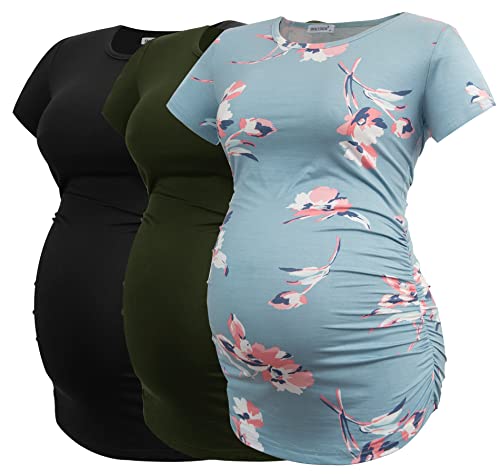 Smallshow Women's Maternity Tops Side Ruched Tunic T-Shirt Pregnancy Clothes Medium Army Green-Black-SVP049