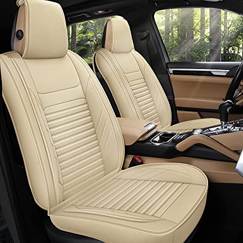 AOOG Leather Car Seat Covers, Leatherette Automotive Seat Covers for Cars SUV Pick-up Truck, Non-Slip Vehicle Car Seat Covers Universal Fit Set for Auto Interior Accessories, Front Pair, Beige