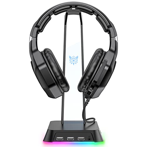 SOSISU RGB Headphones Stand with 3.5mm AUX and 3 USB 2.0 Ports, Gaming Headset Holder Hanger with Non-Slip Rubber Base for SOSISU Gaming Headset(Not Included), PC, Desktop (Black)