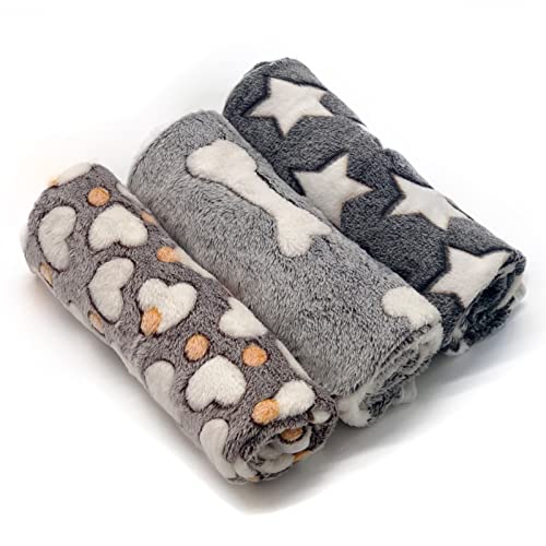 1 Pack 3 Puppy Blankets Super Soft Warm Sleep Mat Grey Cute Print Fluffy Fleece Pet Flannel Throw Dog Blankets for Small Dogs , Cats,Star&Bone&Love- (23"x15")