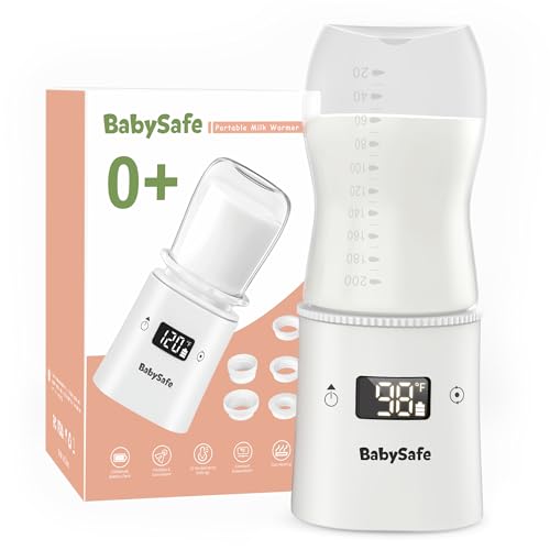 BabySafe Portable Bottle Warmer, Fast Heating Baby Bottle Warmer with 5 Leak-Proof Adapters, Cordless Rechargeable Travel Bottle Warmer, Accurate Temperature Milk Warmer for Breastmilk or Formula