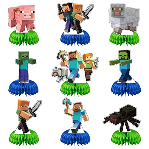 Pixel Miner Honeycomb Centerpieces Party Supplies for Game Theme Birthday Party Decorations, 9Pcs Double Sided Pixel Theme Table Decor Video Game Party Favors for Fans Kids Boys