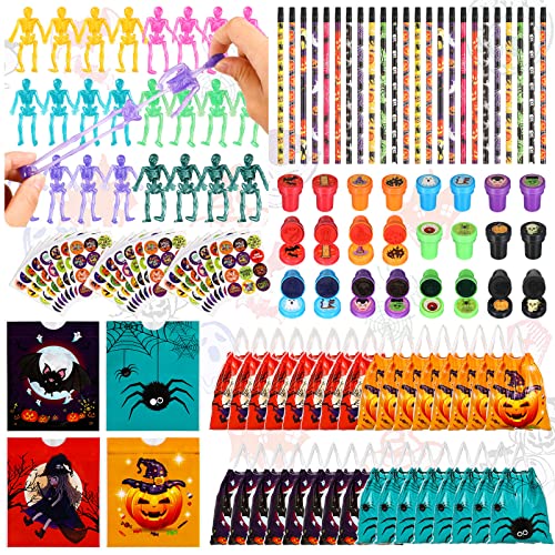 120 Pcs Halloween Party Favors Stationery Gift Sets with Stretchy Skeletons Halloween Toys Halloween Stampers Treat Bags Pencils Stickers Halloween Goodie Bags Filler Trick or Treat Party Supplies