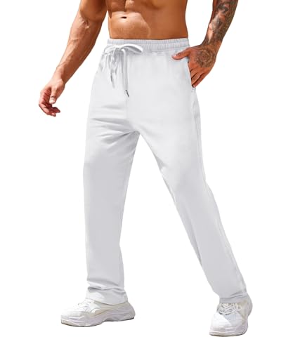 COOFANDY Men's Sweatpants Casual Lounge Cotton Pajama Yoga Pants Open Bottom Straight Leg Sweat Pants with Pockets White