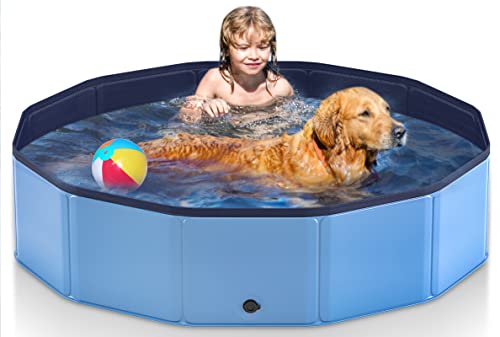 63" Foldable Dog Pool for Large Dogs, Portable Hard Plastic PVC Pet Bathing Tub, Outdoor Collapsible Swimming Pool for Pets Dogs and Cats, 63 x 12 Inches