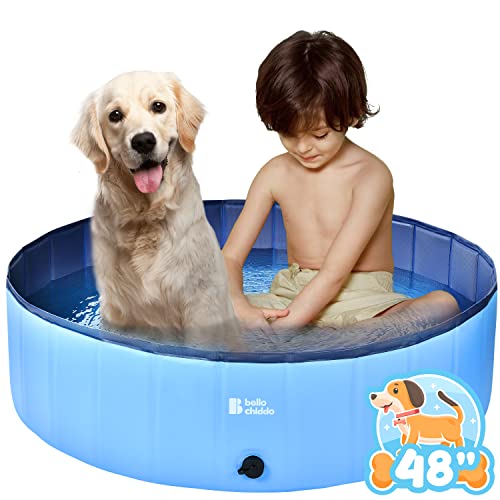 BELLOCHIDDO Foldable Dog Pool - Hard Plastic Pool for Dogs and Kids, Non-slippery Dog Swimming Pool with PP Boards, Kiddie Pool for Dogs, Indoor&Outdoor Pet Bathing Tub with Water Drainage (48" x 12")