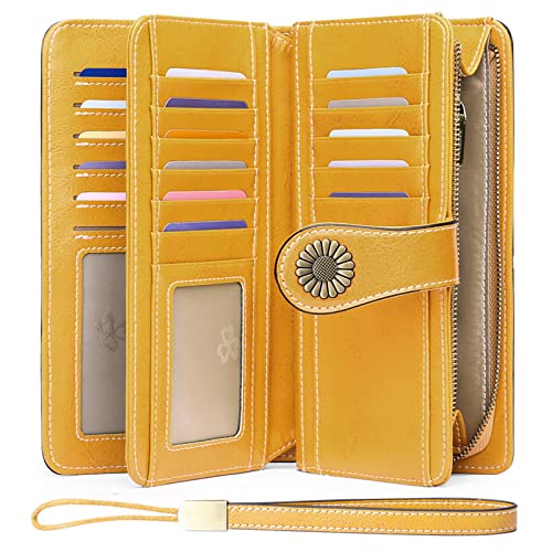 SENDEFN Wallets for Women Genuine Leather Credit Card Holder with RFID Blocking Large Capacity Wristlet