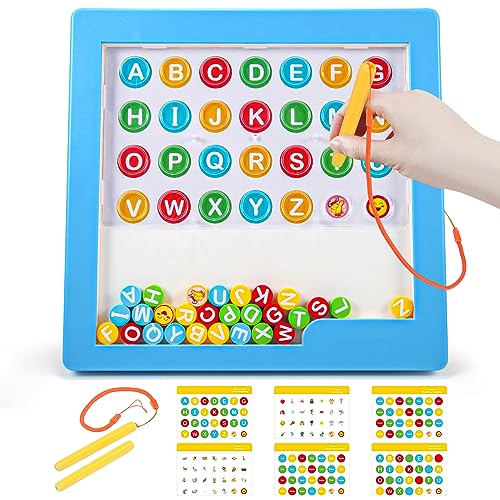 Magnetic Letters Set for Toddlers, Alphabet Magnetic Dot Art Board with 2 Stylus Pen and Beads, Preschool Educational Learning Toys ABC Spelling, Airplane Car Travel Essentials for Kids (Blue)