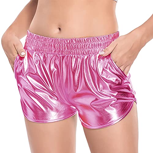 Fenyong Women's Metallic Shorts Shiny Pants with Elastic Waist Hot Rave Dance