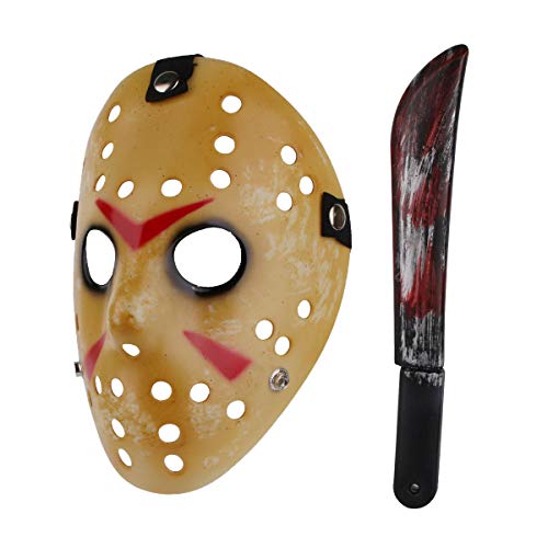 longpo Halloween Scary Mask with Machete Horror Hockey Mask for Adults Kids Cosplay (yellow)