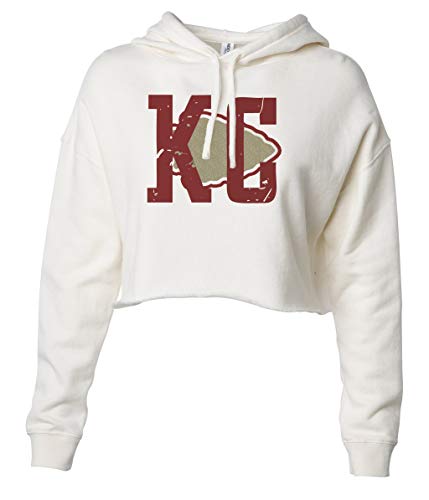 Kansas City Fashion Crop Top Hoodie "KC" Little Royaltee Football Sports Sweatshirt Collection, Bone, Small