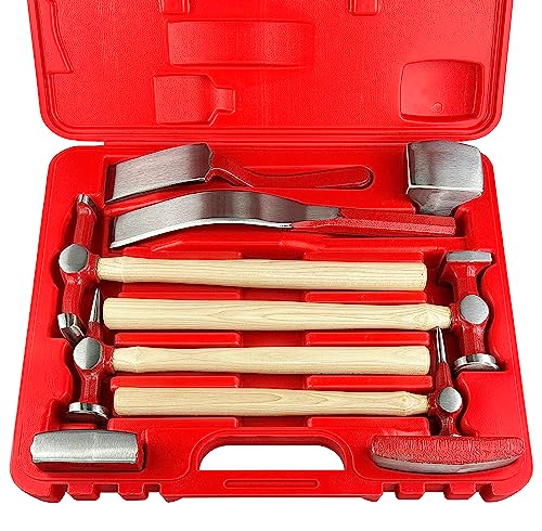 C&T 9 Piece Heavy Auto Body Repair Tool Hammer Dolly Set, Car Body Repair Tool Kit with Carrying Case, Hickory Handles,Fender Repair kit