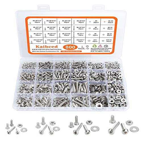 800Pcs Screw and Bolts Assortment Kit, 4-40#6-32#8-32#10-24 Phillips Pan Head Assorted Nuts Bolts and Flat Washers Kit, Stainless Steel Nuts and Bolts Assortment Kit with Case