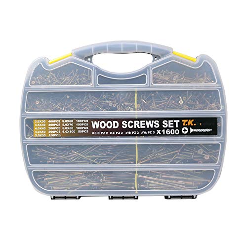 T.K.Excellent Wood Screw Phillips Flat Head Drywall Chipboard Screw Assortment Kit,1600 Pcs