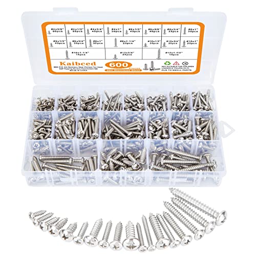 600Pcs Wood Screws Assortment Kit, 4#6#8#10#12 Phillips Pan Head Stainless Steel Self Tapping Screws Set, Deck Screws with Reinfored Divider & Labeled Case for Storage
