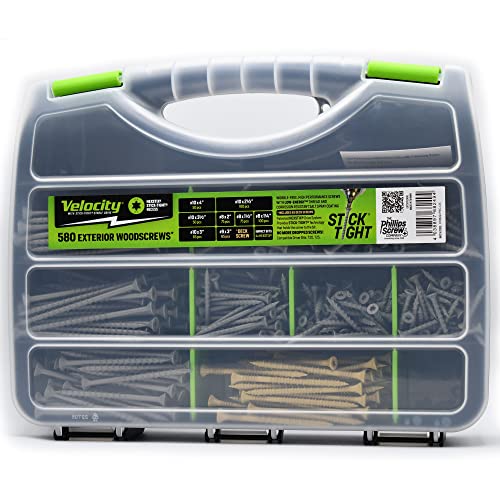 Velocity Exterior Wood Screw Site Case  580 Assorted Wood Screws in 6 Sizes Made with Carbon Steel, Includes 4 Hexstix Drive Bits and Plastic Screw Storage Organizer (580 Pieces)