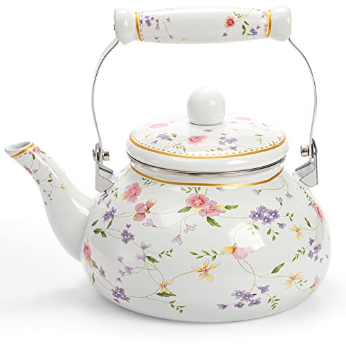 Jucoan Vintage Enamel Tea Kettle, 2.6 Quart Floral Enamel on Steel Water Kettle Teapot with Porcelain Handle for Stovetop, No Whistle