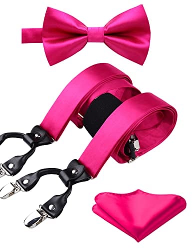 HISDERN Pink Bow Tie and Suspenders for Men Solid Handkerchief 6 Clips Adjustable Y Shape Tuxedo Hot Pink Suspenders & Pocket Square Set Wedding Party Braces