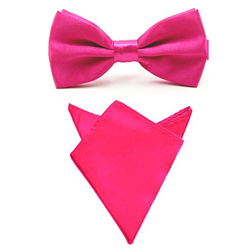 szzoqdz Men Satin Solid Color Pre-tied Tuxedo Bowtie Bow Tie Handkerchief Pocket Square Set (Hot Pink)