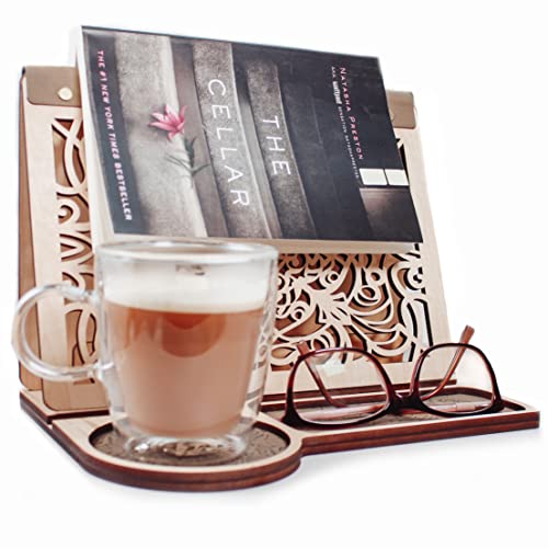 Book Nook Reading Valet Stand with Coffee Cup Mug Glasses Cell Phone Holder, Wood Triangle Book Rest and Page Saver for Bedside Nightstand, Gift Idea for Book Lovers, Handmade Wooden Book Accessories