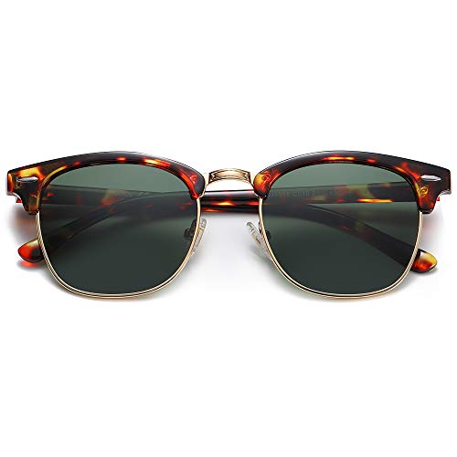 SOJOS Retro Semi Rimless Polarized Sunglasses Horn Rimmed UV400 Glasses SJ5018, Yellow Tortoise Frame/Green Lens