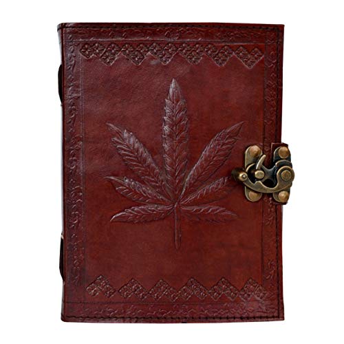 Natural Handicraft Handmade Leather Journal Marijuana Cannabis Hemp Leaf Embossed Notebook Diary Sketchbook Office Handbook 5 x 7 Inches for Men and Women