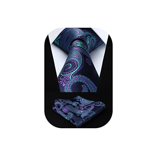 HISDERN Ties for Men Purple Paisley Mens Tie and Pocket Square Blue Woven Classic Business Mens Necktie Handkerchief for Wedding Party