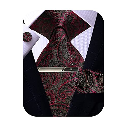 ROBERTO GABBANI Red and Black Paisley Tie Set for Men, Silk Tie Pocket Square Cufflinks Clip Set for Wedding Business Prom