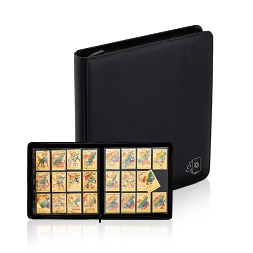 Cenxaki Premium Card Binder,12-Pocket Trading Card Album Folder,Holds 720 Cards,Side Loading,Ringless Zipper Binder for Pokemon TCG Cards,Includes 50 Counts Clear Card Sleeves - Black