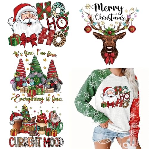 Christmas Iron on Transfer Stickers Santa Claus Iron on Patches Washable Heat Thermal Transfer Decals Xmas Tree Deer Elk Dwarf Christmas Hat Heat Transfer Vinyl Appliques DIY Clothes Decals 4Pcs