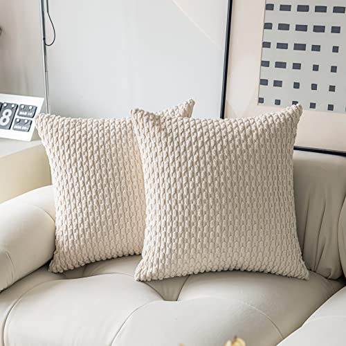 Kevin Textile 2 Packs Cream White Decorative Throw Pillow Covers 26x26 Inch for Living Room Couch Bed Sofa, Rustic Farmhouse Boho Home Decor, Soft Striped Corduroy Square Cushion Case 66x66 cm