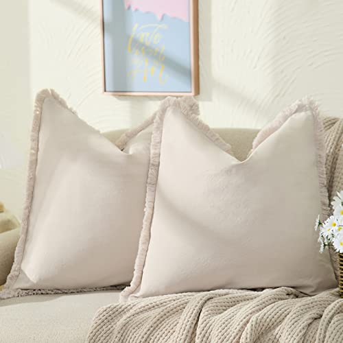 ZWJD Farmhouse Pillow Covers 26x26 Set of 2 Beige Throw Pillow Covers with Fringe Chic Cotton Decorative Pillows Square Cushion Covers for Sofa Couch Bed Living Room Boho Decor
