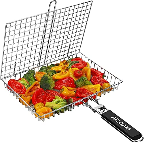 Grill Basket AIZOAM Grill Basket Stainless Steel BBQ Grilling Basket Large Folding Grill Basket with Removable Handle. Grill Basket for Fish,Vegetables . Grill Accessories BBQ Accessories Grilling Gifts for Men Dad .