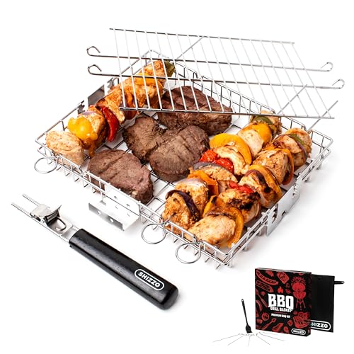 SHIZZO Adjustable Grill Basket, Barbecue BBQ Grilling, Stainless Steel Folding Portable Outdoor Camping Rack for Fish, Shrimp, Vegetables, Cooking Accessories, Gifts for father, husband