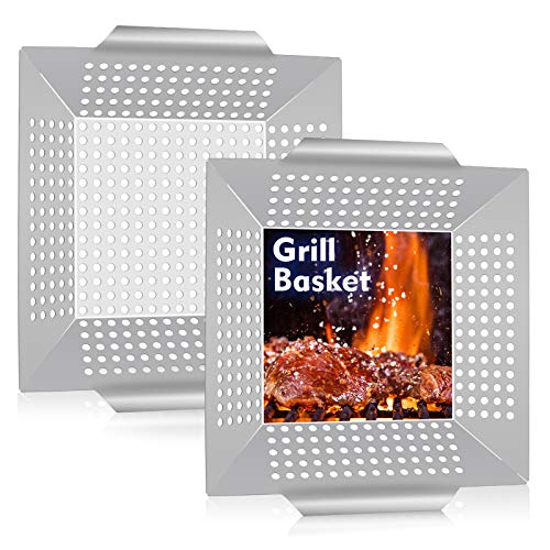 8 Grilling Basket, HaSteeL Small BBQ Grill Basket Wok Set of 2 for Vegetable, Kabobs, Shrimps, Heavy Duty Stainless Steel Grilling Accessories for All Grills, Dishwasher Safe
