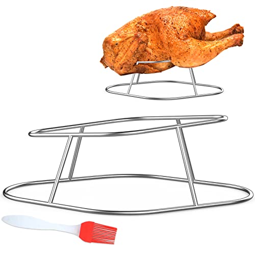 Durable Stainless Steel Chicken&Turkey Roasting Rack with Brush, 2 in 1 Rhombus Chicken Rack, Slope Designed for All-Around Airflow, Quick Heat Absorption,Keep Meat Moist and Juicy, Easy to Use&Clean