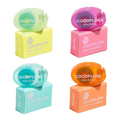 Cocofloss Woven Dental Floss, Travel Sampler, Dentist-Designed Oral Care with Coconut Oil, Waxed, Vegan, Kid-Friendly, 4-Pack Minis, Mint, Coconut, Orange, Strawberry (8 yd Each)